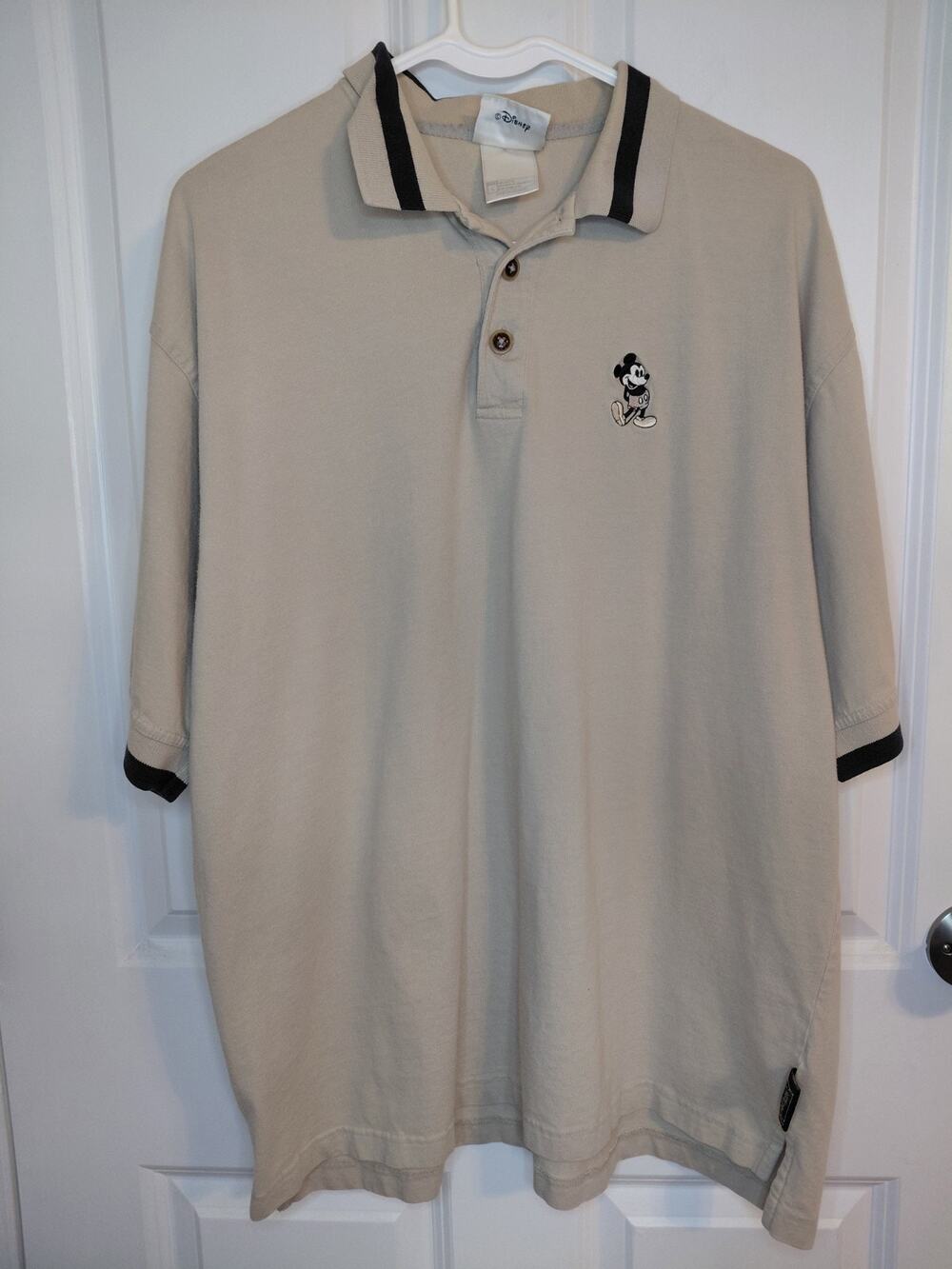 Vintage 90s Walt Disney World Mickey Mouse Golf Polo Shirt Mens XL Beige w Trim